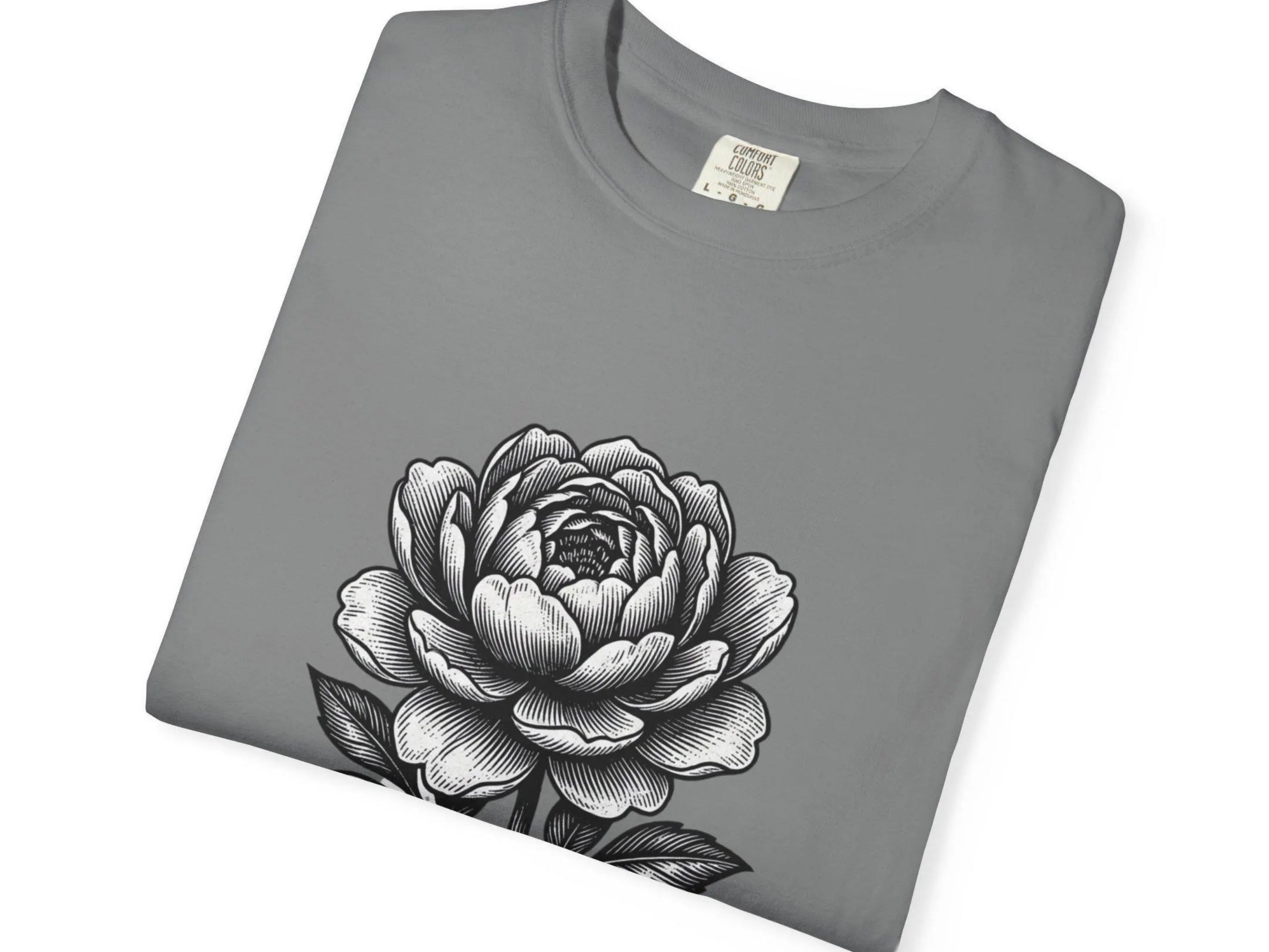 Gray t-shirt with a black and white floral design on a white background