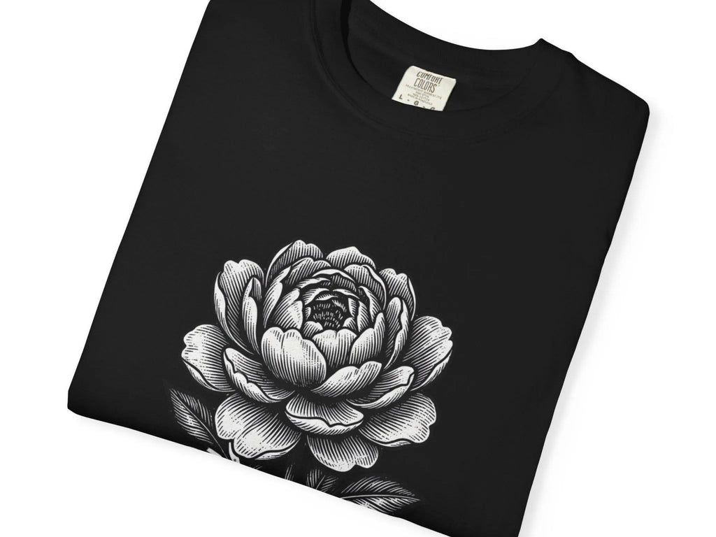 Black t-shirt with a white floral design on a white background