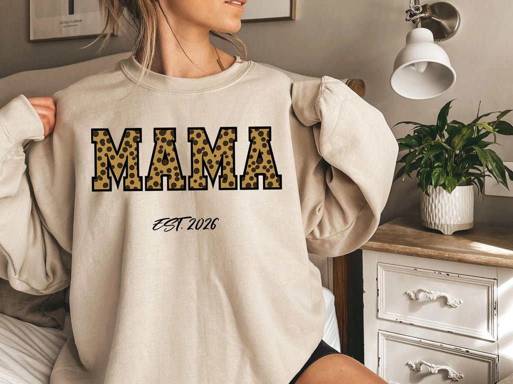 Beige sweatshirt with leopard print MAMA and Est 2026 text making a great new mom gift