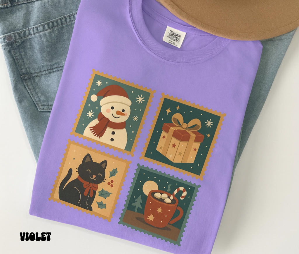 Vintage Christmas Stamps Shirt | Festive Holiday Cat Lover Gift