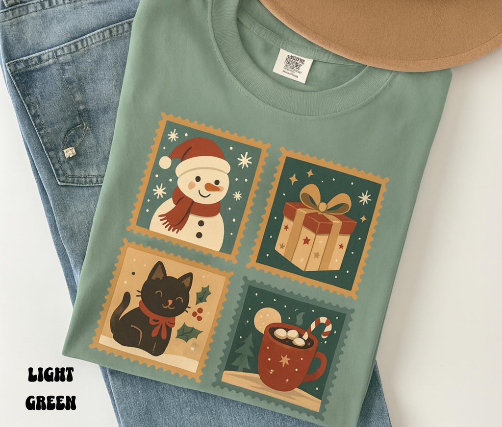 Vintage Christmas Stamps Shirt | Festive Holiday Cat Lover Gift