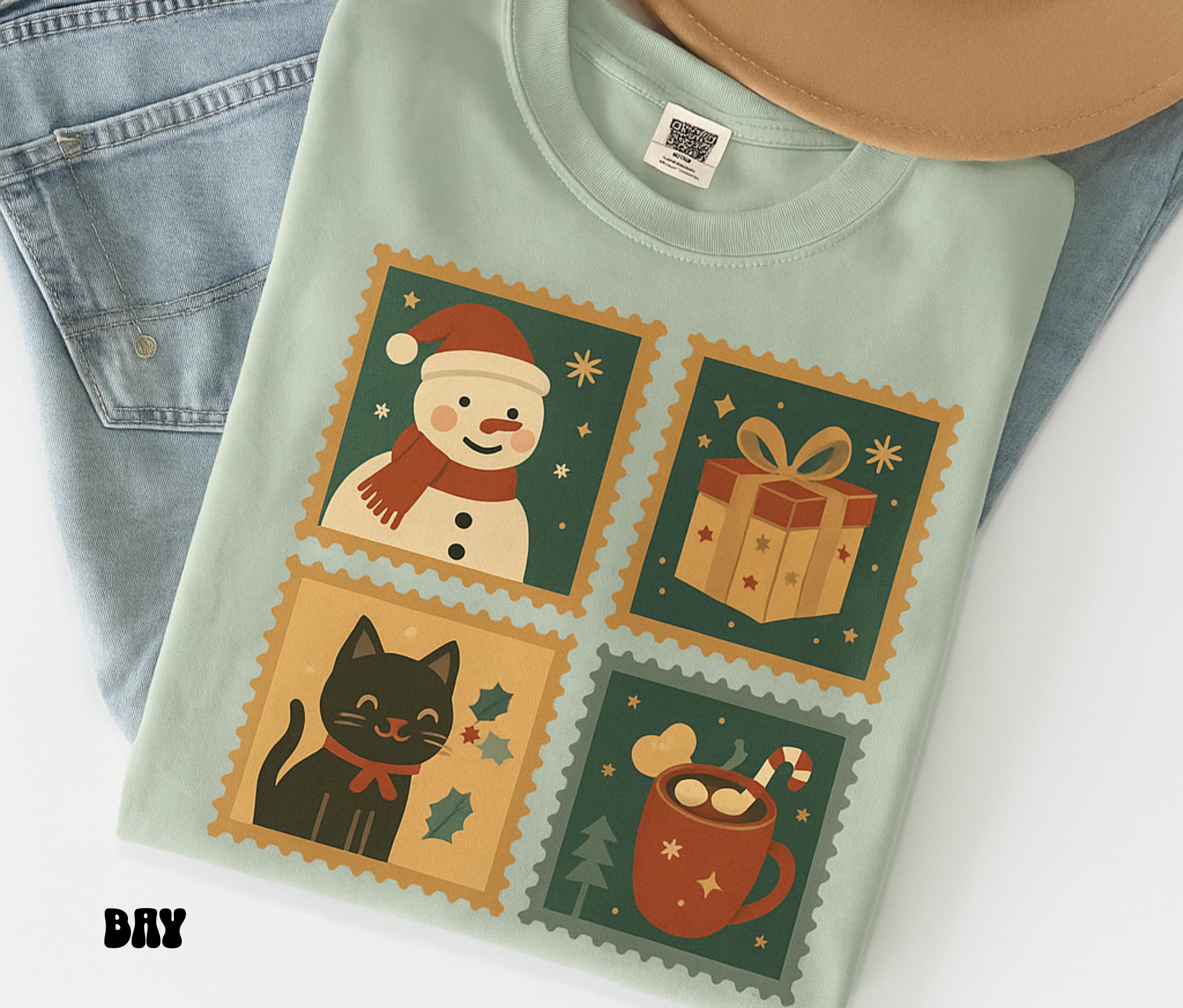 Vintage Christmas Stamps Shirt | Festive Holiday Cat Lover Gift