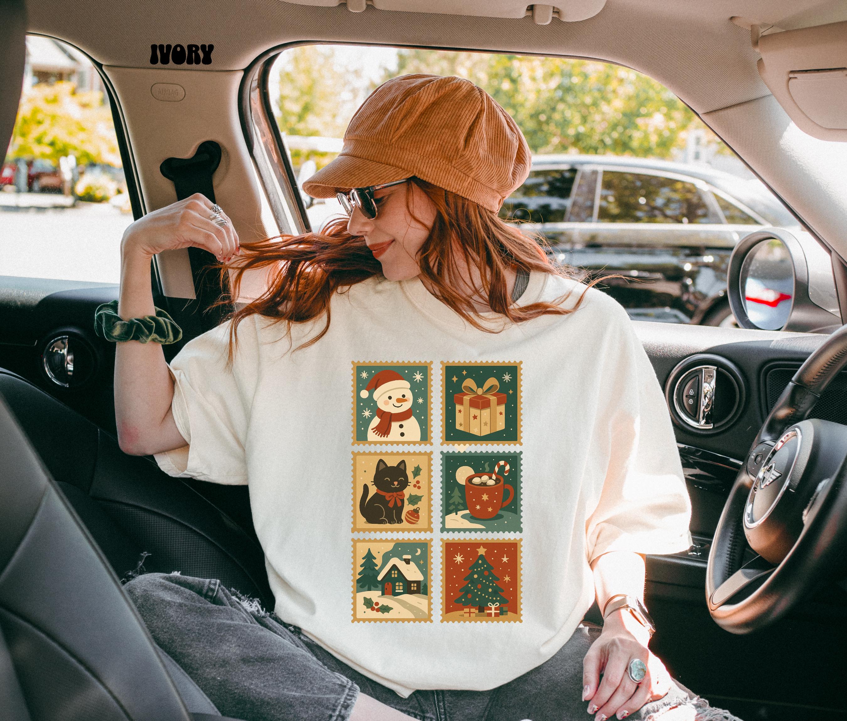 Vintage Christmas Stamps Shirt | Festive Holiday Cat Lover Gift