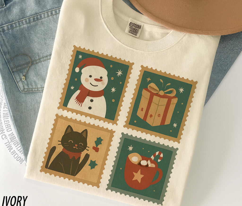 Vintage Christmas Stamps Shirt | Festive Holiday Cat Lover Gift