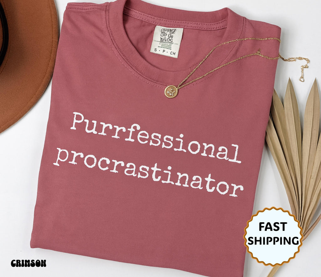 Folded maroon t-shirt with 'Purrfessional procrastinator' text on a white background.
